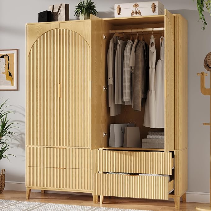 70.1" Arched Wooden Armoire Wardrobe Closet with 2 Doors and 2 Drawers,Fluted Bedroom Armoire with Hanging Rod Shelf,Wardrobe Armoire Closet Cabinet for Bedroom (Natural, 19.7)