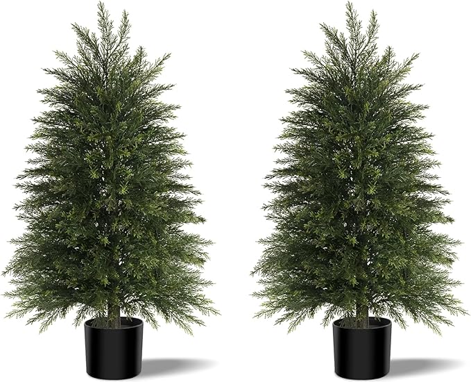 3FT Artificial Cedar Trees Set of 2, Realistic Faux Evergreen Topiary Bushes Plants, Outdoor Potted Fake Cypress Shrubs for Front Porch Garden Home Living Room Decor