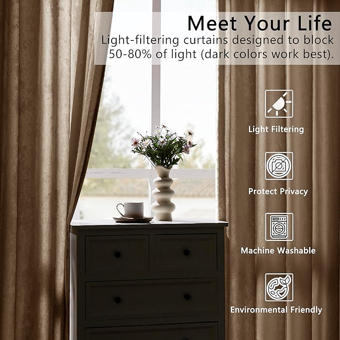 SMILETIME Amber Beige Crushed Velvet Curtains 52x84inch Rod Pocket Luxurious Thermal Insulated Soundproof Drapes Soft and Durable Light-Filtering Window Treatments for Living Room Bedroom, 2 Panels
