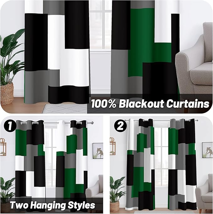 Green 100% Blackout Curtains for Bedroom 63 inch Length 2 Panels Set White Grey Modern Abstract Geometric Black Out Curtains Insulated Room Darkening Window Drapes for Living Room, 42Wx63L