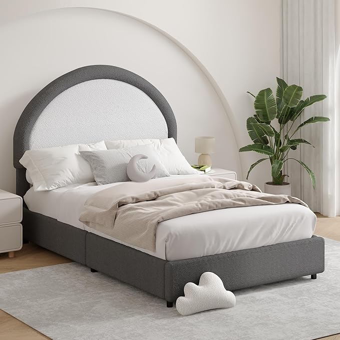 Twin Bed Frames with Headboard, Boucle Upholstered Platform Bed, Grey Bed Frame, Soft Rounded Corners, No Box Spring Needed, Easy Assembly