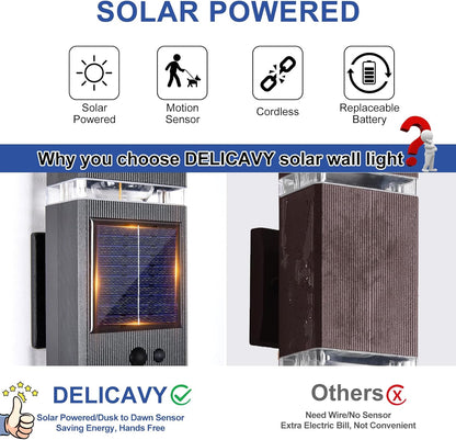 2 Pack Solar Outdoor Wall Lights with 3-Mode Motion Sensor Outside Sconces Up Down Solar Porch Light Fixtures 3000K 500LM Dusk to Dawn Modern Exterior Wall Lamp for House Garage Front Door