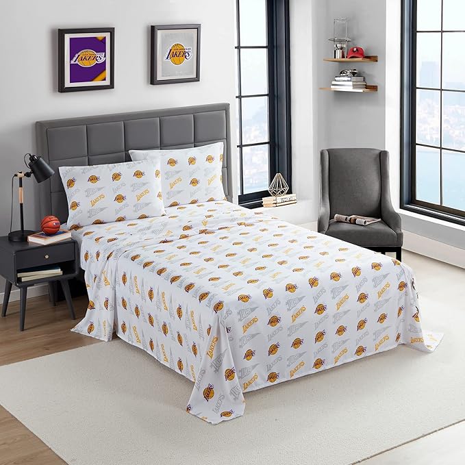 NORTHWEST Officially Licensed Los Angeles Lakers NBA Queen Size Sheet Set – Soft Team Logo Bedding for Dorms, Bedrooms, Fan Caves & Game Day Style