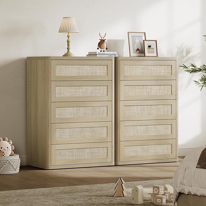 SICOTAS Tall Dresser for Bedroom - Rattan 5 Drawer Dressers Chest of Drawers with Push-to-Open Design, Boho Extra Deep Clothes Dresser with Large Storage for Closet, Living Room, Sand Oak, 3PCS