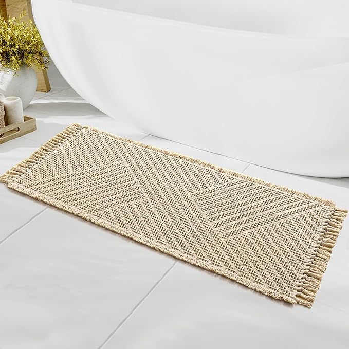 H.VERSAILTEX Waffle Bath Runner Rug Long Bath Mat Super Absorbent Boho Bath Rugs Non Slip Bath Runner for Bathroom Floor Machine Washable Dry Fast Bathroom Rugs with Tassels, 24" x 60", Sand