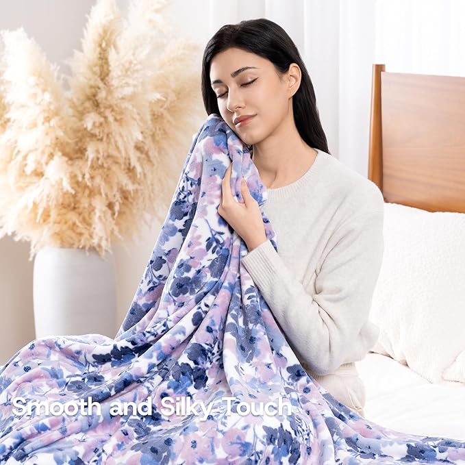Luxury Printed Fleece Warm Blanket, Soft Lightweight Velvety Plush Throw for Couch and Bed, Cozy Comfy for All Seasons(White Purple Flowers, 90×90 Inches)