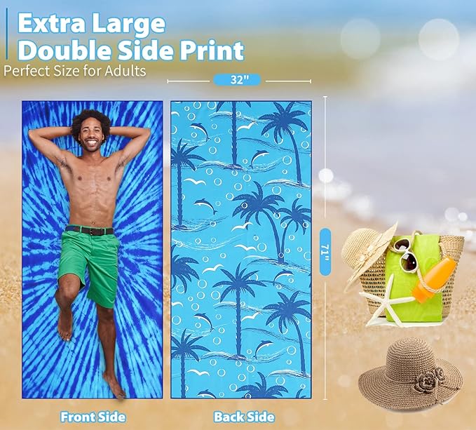 Microfiber Thin Beach Towel Lightweight Oversized 71x32 Extra Large Sand Free Towels Quick Dry for Travel Pool Camping Sports Beach Accessories Vacation Essential Gift Blue Tie Dye