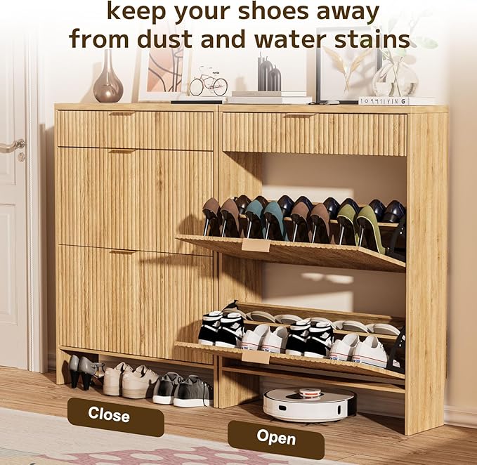 Fluted Shoe Cabinet Storage with 2 Flip Drawers & 1 Drawers, Wood Narrow Hidden Shoe Cabinet with Adjustable Shelf for Entryway, Freestanding Slim Shoe Rack Organizer for Foyer Hallway Living Room