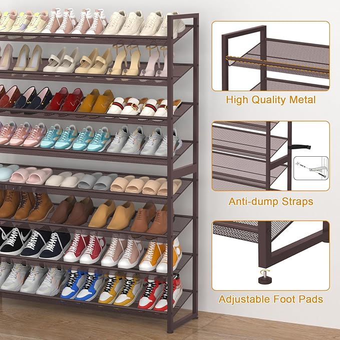 Large Shoe Rack 8 Tier Shoe Organizer, Heavy Duty Metal 4-Tier Stackable Shoe Storage Vertical Shoe Rack for Closet Front Door Entrance, Up to 50 Pairs, 44.8" W x 11.4" D x 56.7" H, Bronze