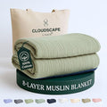 Cloud Scape Linen 100% Cotton 8 Layer Twin Size Muslin Blanket - Breatheable and Soft Winter Blanket for Bed, Couch and Sofa, Oversized Fits up to Twin XL, Best Gift Idea, 68x92, Sage Green