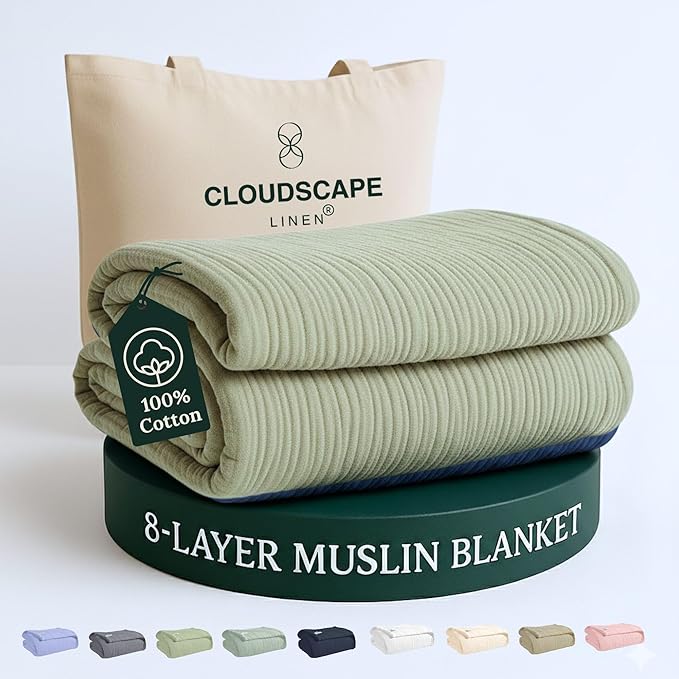Cloud Scape Linen 8-Layer Muslin Blanket King Size for Adult - 100% Cotton, Breathable and Soft, Perfect Winter Cozy Blanket, Fits up to California King Bed, 92x108, Sage Green