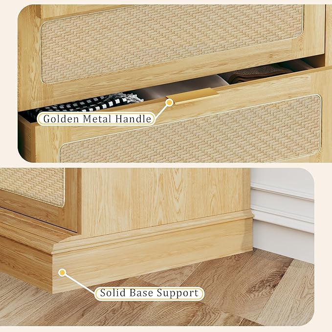 9 Drawer Dresser for Bedroom, 60 Inch Long Dressers & Rattan Chest of Drawers, Large TV Stand for 55, 65, 70 Inch TV, Boho Style, Modern Dresser for, Living Room, Entryway, Bedroom, Natural Oak
