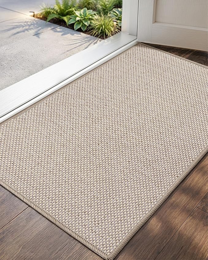 Color&Geometry Ultra-Thin Indoor Door Mat, 26"x47" Low-Profile Non-Slip Entryway Rug with Modern Geometric Texture, Washable Doormat for Indoor Entrance, Front Door, Khaki (Rolled-up NO Creases)