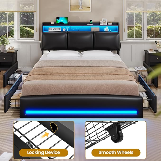 VIAGDO Queen Bed Frame with Storage Headboard and Charging Station, Leather Upholstered Bed Frame Queen Size with 4 Drawers and LED Lights, Type C and USB, No Box Spring Needed, Black