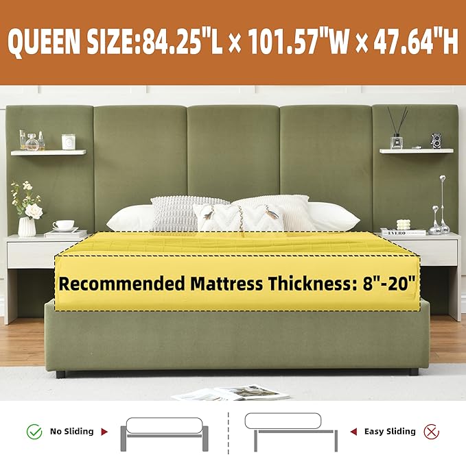 Queen Bed Frame with Storage & Built-in Nightstands, Velvet Upholstered Platform Bed Frame with Drawers & 2 Floating Storage Shelves, Noise-Free, No Box Spring Needed, Easy Assembly, Green