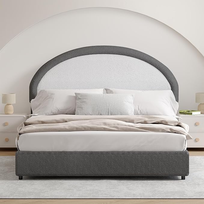 Queen Bed Frame, Boucle Upholstered Platform Bed Frame with Headboard, Grey Bed Frame, Soft Rounded Corners, No Box Spring Required, Easy Assembly