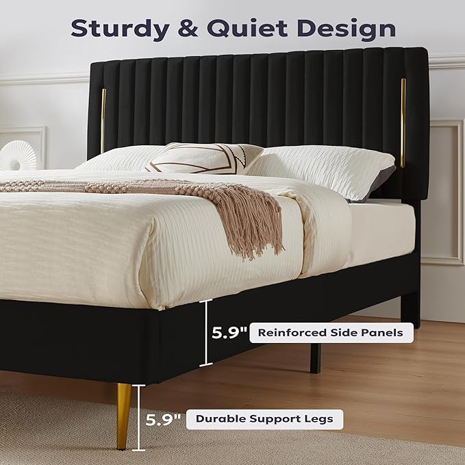 Twin Platform Bed Frame, Velvet Upholstered Bedframe with Vertical Channel Adjustable Headboard, Golden Plating Trim, Mattress Foundation with Wooden Slats, No Box Spring Needed, Black