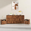 3 Pcs Bedroom Furniture Set, 9 Drawer Fluted Dresser and Nightstand Set of 2 with Charging Station, Modern Bed Side Table Chest of Drawers Storage Cabinet Set for Bedroom, Living Room, Walnut