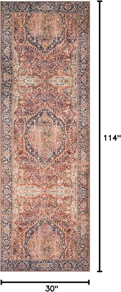 Loloi Layla Collection LAY-08 Red/Navy 2'-6" x 9'-6" .13" Thick Runner Rug, Soft, Durable, Vintage Inspired, Distressed, Low Pile, Non-Shedding, Easy Clean, Printed, Living Room Rug