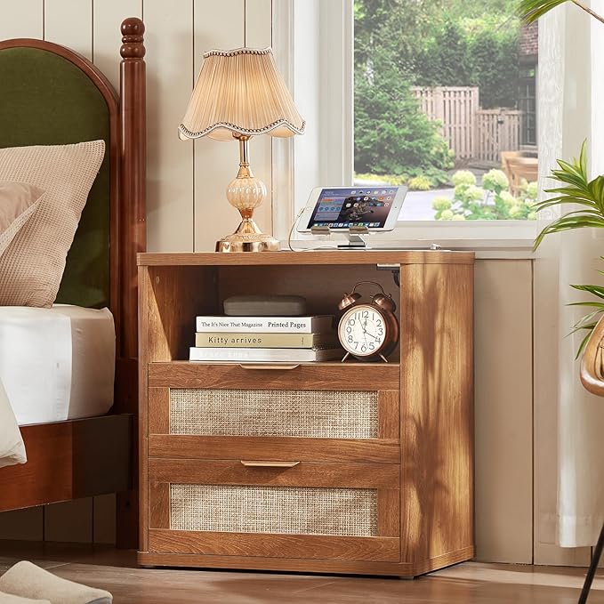 LEYAOYAO Rattan Dresser and Nightstand Set of 2, Boho Wood Dresser for Bedroom with 6 Drawers and Night Stand with Charging Station, Bedroom Furniture, Dressers & Chests of Drawers,Living Room,Hallway