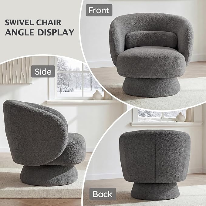 Swivel Accent Chair, Modern 360 Degree Swivel Barrel Chair with Arms & Curved Back and Lumbar Support Cushion, Comfy Round Single Boucle Sofa for Small Space, Living Room, Bedroom, Gray