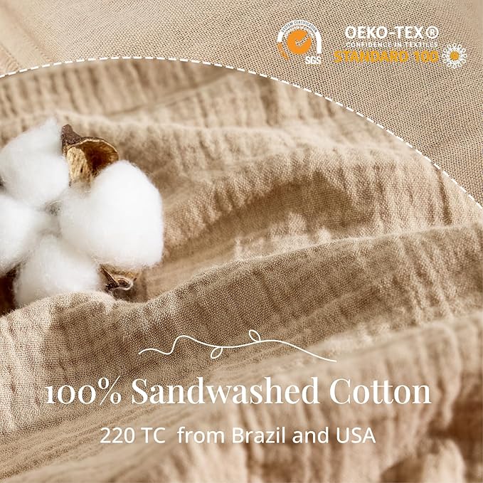100% Sandwashed Cotton Duvet Cover Queen Size, Soft Queen Duvet Cover Set 3 Pieces with Zipper Clousre & Corner Buttons (Linen, Queen 90 x 90)