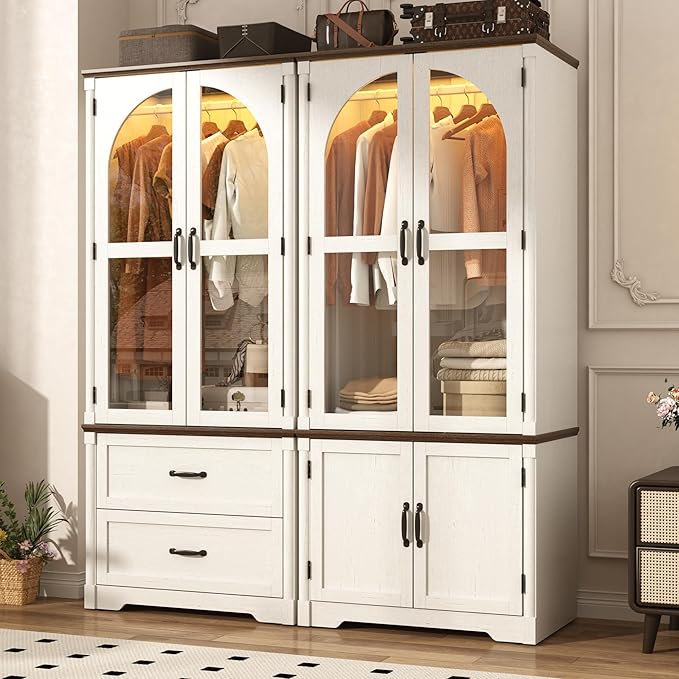 Tall Farmhouse 4 Doors Armoire Wardrobe Closet with LED ,72" Freestanding Arched Wardrobe Closet Cabinet for Bedroom w Glass Doors/Drawers,Wooden Clothing Storage Cabinet,Closets for Bedroom(Off Whit)