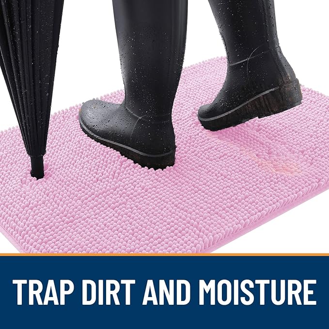 OLANLY Dog Door Mat for Muddy Paws 47x17, Absorbs Moisture and Dirt, Absorbent Non-Slip Washable Doormat, Quick Dry Chenille Mud Mat for Dogs, Entry Indoor Entryway Carpet for Inside Floor, Pink