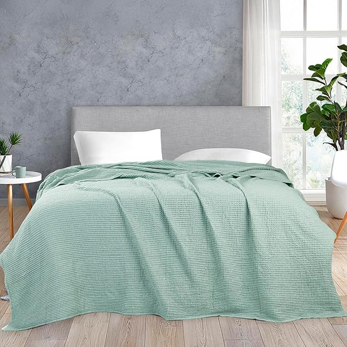 HILLFAIR 100% Cotton Blanket- 120"x120" XXL Oversized King Bed Blankets- Family Size 10 ft x 10 ft Big- Waffle Blankets, All Season Soft Breathable Extra Large King Cotton Blanket for Bed: Sage