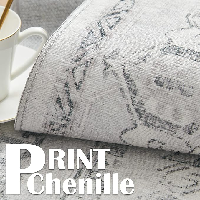 jinchan Lima Kitchen Runner Rug 3x10 - Vintage Floral Machine Washable Non-Slip Hallway Runner Rug with Rubber Backing Ultra-Thin Carpet for Bedroom Laundry Room Farmhouse (3x10ft, Grey)