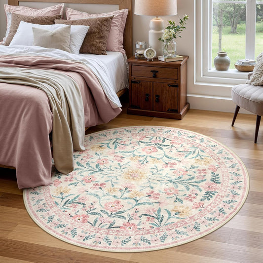 Wonnitar Pink Floral Round Rugs 5ft, Soft Circle Rug Non Slip Washable Round Carpet, Boho Non-Shedding Flower Distressed Circle Carpets for Bedroom Girls Room Nursery