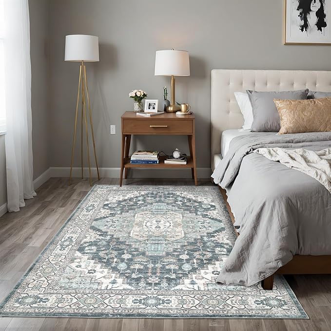 4x6 Vintage Washable Area Rug for Living Room,Low Pile Non Slip Carpet Non-Shedding Small Area Rug Soft Indoor Stain Resistant Rug Boho Print Mat for Bedroom Dining Room Blue Beige Multi