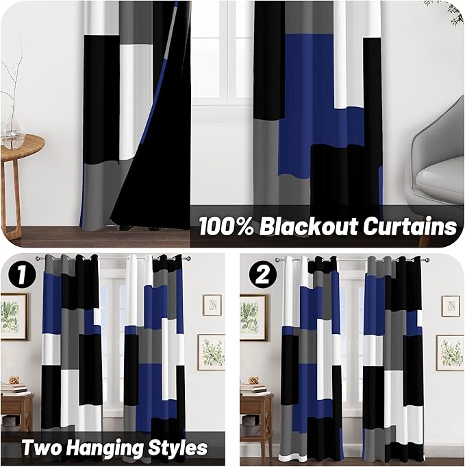 Navy Blue Grey 100% Blackout Curtains for Bedroom 96 inch Long 2 Panels Set Gray Modern Abstract Geometric Black Out Curtains Insulated Room Darkening Window Drapes for Living Room, 52Wx96L