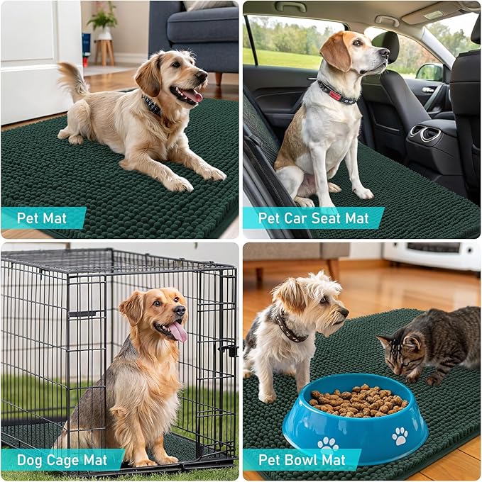 OLANLY Dog Door Mat for Muddy Paws 48x30, Absorbs Moisture and Dirt, Absorbent Non-Slip Washable Doormat, Quick Dry Chenille Mud Mat, Entry Indoor Entryway Carpet for Inside Floor, Blackish Green