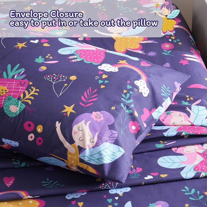 JSD Purple Fairy Kids Sheet Set Full Size, 4 Piece Girls Floral Printed Microfiber Sheets Deep Pocket