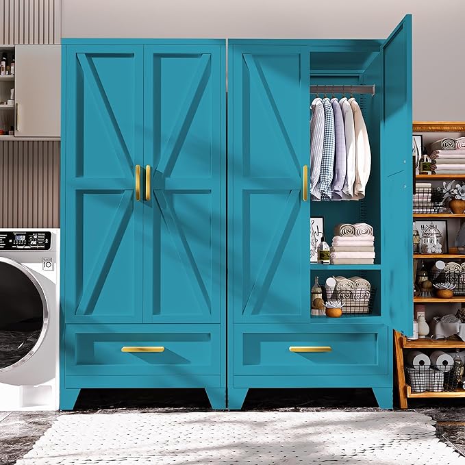 71" Tall Metal Armoire Wardrobe Closet with Removable Hanging Rod and Doors,Blue Armoire Wardrobe Cabinet for Garage Laundry Room Office