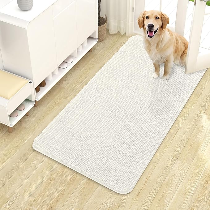 OLANLY Dog Door Mat for Muddy Paws 40x24, Absorbs Moisture and Dirt, Absorbent Non-Slip Washable Doormat, Quick Dry Chenille Mud Mat for Dogs, Entry Indoor Entryway Carpet for Inside Floor, Ivory