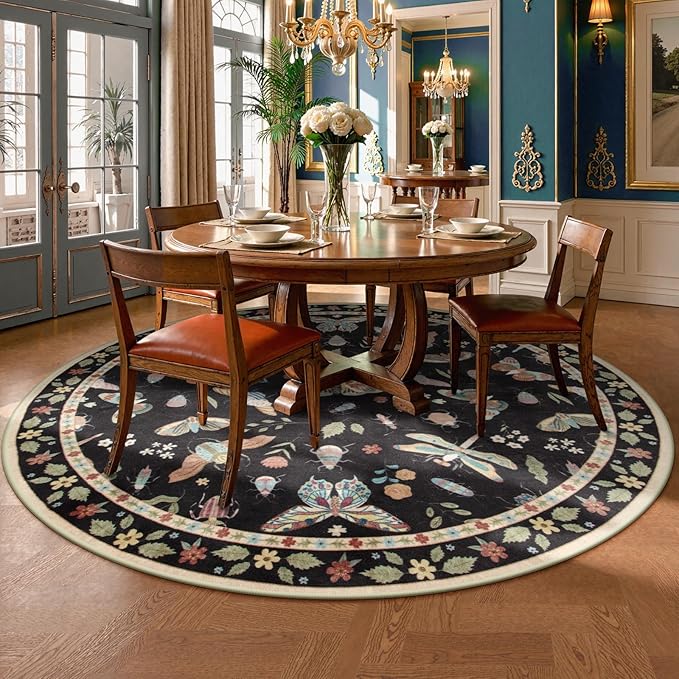 Lahome Insect Washable Round Area Rug, Soft Round Rugs 6ft Ultra-Thin Non-Slip, Boho Large Circle Carpet for Bedroom Living Room Kitchen Nursery, Black