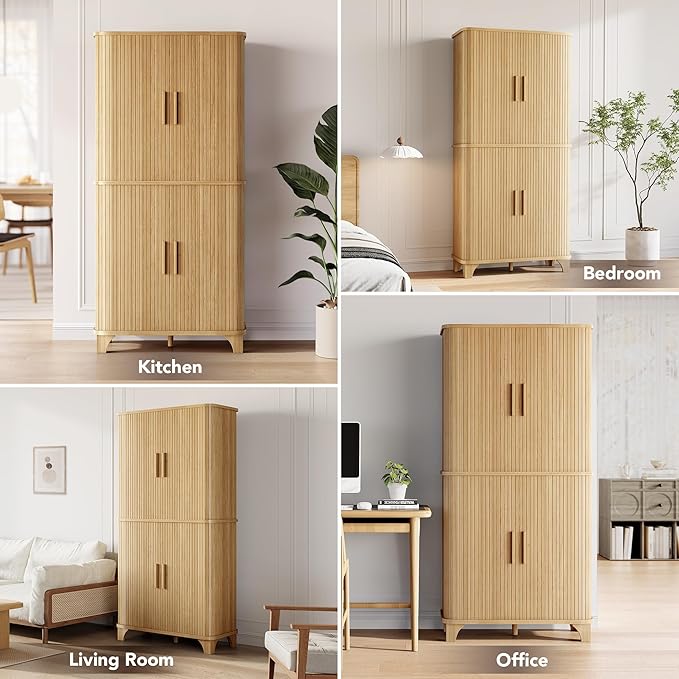 69" Tall Kitchen Pantry Storage Cabinet with Sliding Door, Modern Curved Edge Pantry Storage Cabinet with 5 Shelves, Cupboard for The Kitchen, Dining Room, Bedroom, Living Room, Office (Oak)