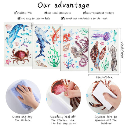 Sabary 4 Pieces Glow in The Dark Ocean Wall Decals Under The Sea Wall Decals Fish Stickers PVC Sea Animals Stickers for Room Living Room Nursery Bathroom Decoration