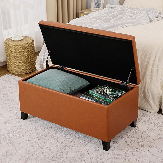 Asense Storage Ottoman Bench, Faux Leather Upholstered End of Bed Bench with Safety Hinge Wooden Legs, for Entryway Bedroom