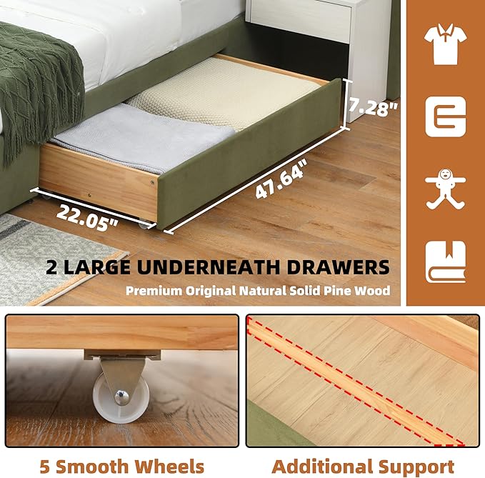 King Bed Frame with Storage & Built-in Nightstands, Velvet Upholstered Platform Bed Frame with Drawers & 2 Floating Storage Shelves, Noise-Free, No Box Spring Needed, Easy Assembly, Green