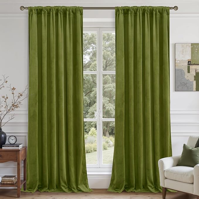 LAMIT Velvet Curtains for Living Room 96 Inch, Vintage Blackout Thermal Insulated Panels Super Soft Back Tab and Rod Pocket Room Darkening Window Drapes for Bedroom, 2 Panels, Moss Green 52 x 96 Inch