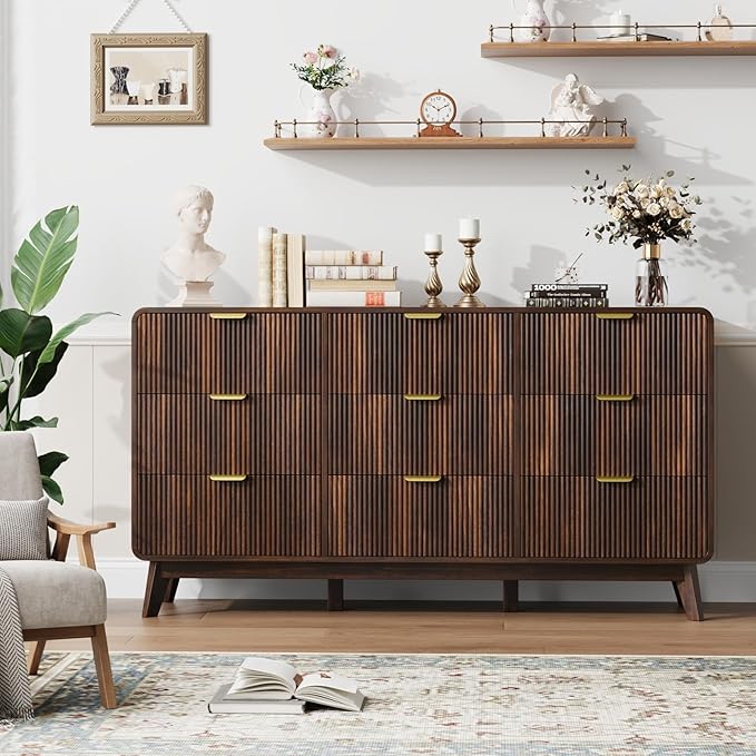QUW Fluted 59.1" Wide Modern Dresser for Bedroom with 9 Drawers, Tall Chest of Drawers with Metal Handle, Wooden Dresser TV Stand, Hallway, Living Room, Dark Walnut