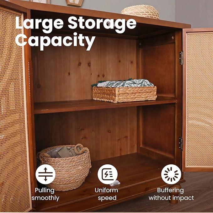 PHI VILLA Accent Cabinet with Door, Small Buffet Sideboard Cabinet with Rattan Door, 2 Door Storage Cabinets