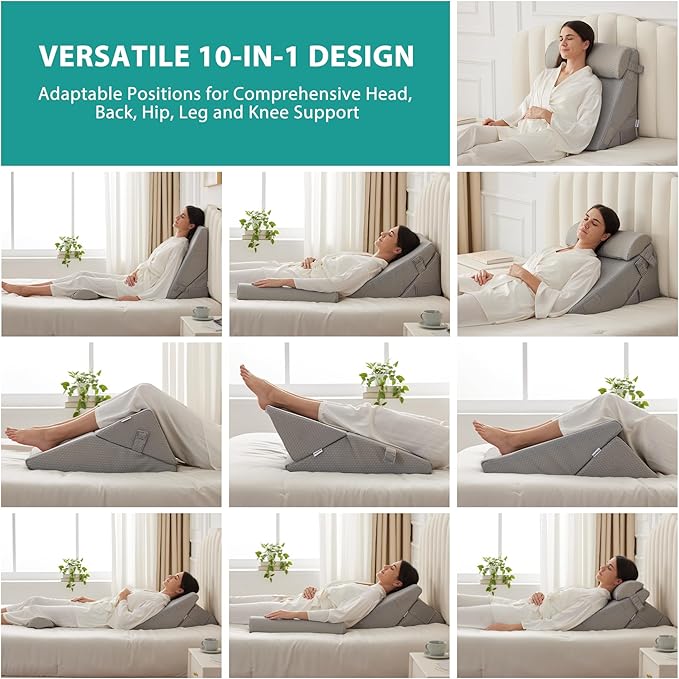 Bedluxe 3Pcs Orthopedic Bed Wedge Pillow Set, Foam Wedge Pillow Post Surgery for Back, Leg and Knee Support, Adjustable 9&12 Inch Folding Triangle Pillow for Sleeping, Acid Reflux, Snoring, Grey