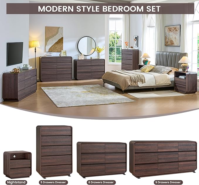9 Drawer Double Dresser for Bedroom, Modern Curved Wood Chest Drawers of Handleless, Large Storage Dresser Bedroom, Living Room, Entryway, Walnut