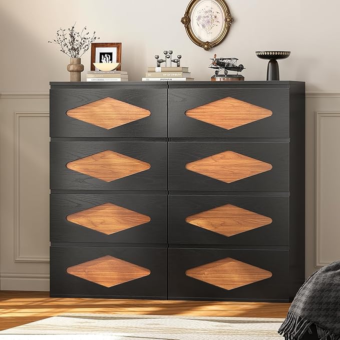 48.3'' Tall Dresser for Bedroom, 4 Chest of Wooden Deep Drawers, Vintage Dresser, Closet Storage Dressers Organizer for Bedroom, Living Room, Hallway (Black+Brown)