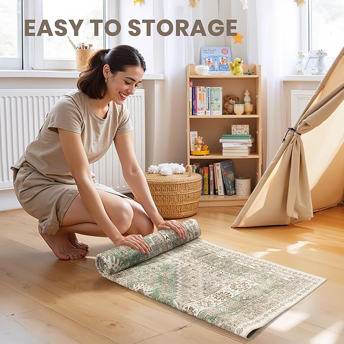 zesthome 9x12 Area Rugs,Stain Resistant Washable Rug,Ultra-Thin Rugs for Living Room,Bedroom,Non-Slip Backing Home Decor Large Area Rug (Green,9'x12')