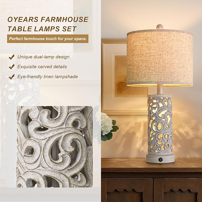 OYEARS Bedside Table Lamps Set of 2 with USB & Night Light, 22'' Farmhouse Bedroom Lamps for Nightstand, Vintage Table Lamps for Bedroom Living Room Home Offce (Bulb Included)